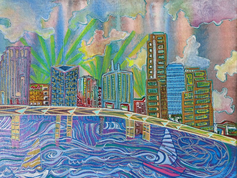 A painting of a city skyline with  sailboats in the water below. The buildings are drawn in a cartoon style with bright colors, including blue, green, yellow, and orange. The sky is a light blue with pink and purple clouds. The water is a dark blue with white waves. The sailboat is white with a red sail.