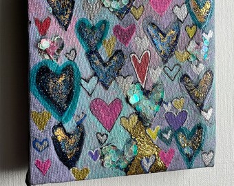 Tiny hearts art Original abstract handpainted canvas art, contemporary art 3x3 small art gift, Mother’s Day, friend, housewarming, glitter