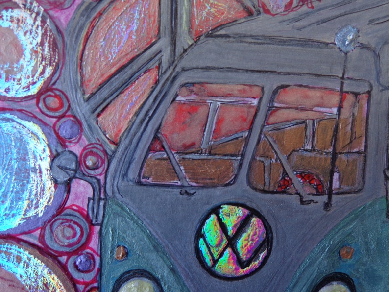 Original VW drawing, watercolor, ink, acrylic on Bristol Paper Beautiful Colors Unframed Heather Montgomery Art, holo foil, hippy art VW luv image 3