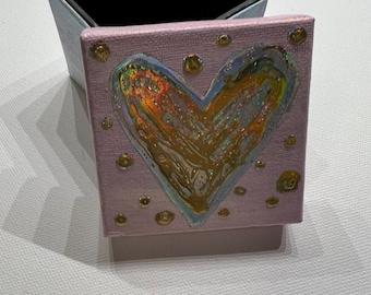 Heart box, Heart Lid, Canvas Decoration, Keepsake box, valentine, birthday, mothers, pink and blue, nursery, holographic heart, gold leaf