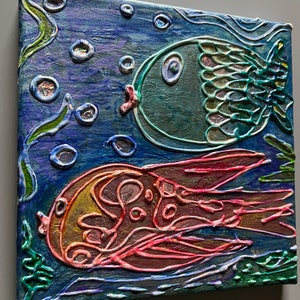 Fish painting Original Textured iridesent Abstract Acrylic Painting 8x8 Beautiful Colors dimension, Rainbow fish painting, kids bathroom art