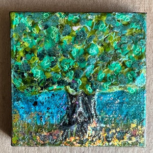 Canvas painting, Tree art Original abstract hand painted canvas art home decor contemporary art 3x3 small, vibrant colors