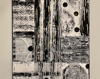 Black and white textured abstract painting , gold and silver foil, contemporary, modern black, abstract canvas art plaster texture wall art