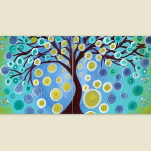 Original Tree Landscape Abstract Acrylic on Canvas Beautiful Colors 2 Piece set 16x20, treescape whimsical wall art handpainted, foil art Bild 4