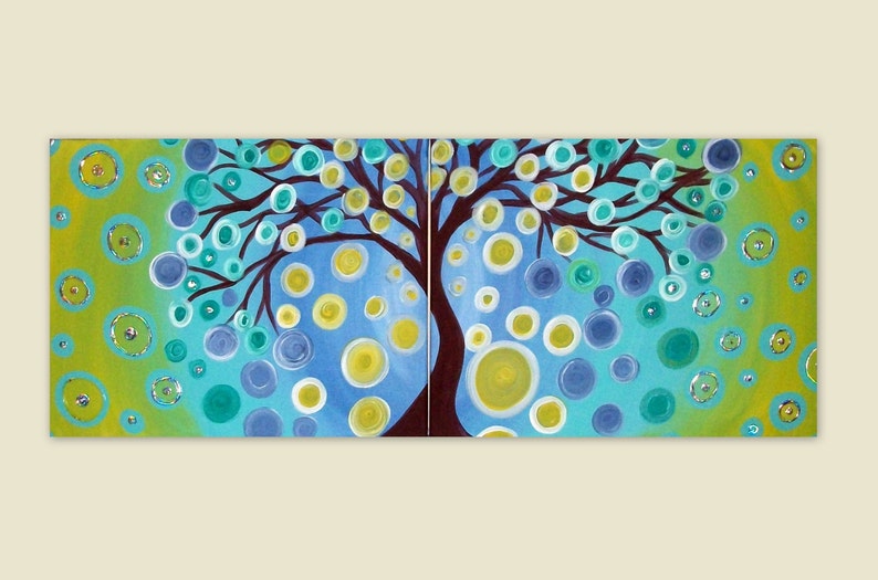 Original Tree Landscape Abstract Acrylic on Canvas Beautiful Colors 2 Piece set 16x20, treescape whimsical wall art handpainted, foil art Bild 4