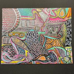 Abstract Original 8x10 Canvas Ink Marker Paint Colorful Lines Shapes Whimsical Unique Expressive Multicolor Abstract Eclectic Art modern art