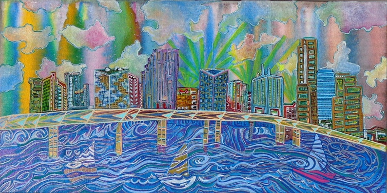 May include: A colorful painting of a cityscape with buildings in shades of blue, green, and yellow. The buildings are reflected in the water below, which is painted in shades of blue and purple. The sky is painted in shades of pink, blue, and green.