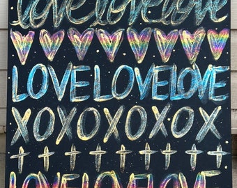 Love Hearts Cross Painting, Holographic Rainbow Wall Art, 24x24