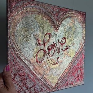 Love painting, Gold leaf Heart painting Original Abstract Painting 12x12 Handpainted Acrylic Colorful Unique, Red and Gold Heart painting,
