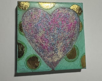 Heart painting 3x3 painting on canvas, acrylic, colorful shiny, glitter foil, poka dot handpainted gift Mom, friend, art miniature, birthday