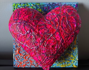 Neon 3d heart dimensional textured wall art, hand made love heart sculpture, pink, green, blue, orange, bright pink foil, happy dopamine art