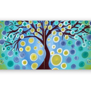 Original Tree Landscape Abstract Acrylic on Canvas Beautiful Colors 2 Piece set 16x20, treescape whimsical wall art handpainted, foil art Bild 1