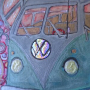 Original VW drawing, watercolor, ink, acrylic on Bristol Paper Beautiful Colors Unframed Heather Montgomery Art, holo foil, hippy art VW luv image 4