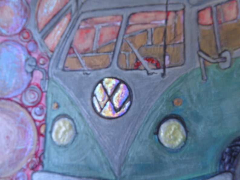 Original VW drawing, watercolor, ink, acrylic on Bristol Paper Beautiful Colors Unframed Heather Montgomery Art, holo foil, hippy art VW luv image 4