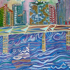 May include: A painting of a city skyline with colorful buildings and a blue, wavy water scene in the foreground. The buildings are painted in a stylized, geometric style with a variety of colors, including green, blue, red, and yellow. The water is painted with a swirling, abstract pattern.