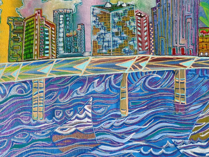 May include: A painting of a city skyline with colorful buildings and a blue, wavy water scene in the foreground. The buildings are painted in a stylized, geometric style with a variety of colors, including green, blue, red, and yellow. The water is painted with a swirling, abstract pattern.