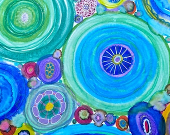 Abstract Watercolor Circle Painting, Vivid Colorful Art (8.5x11)