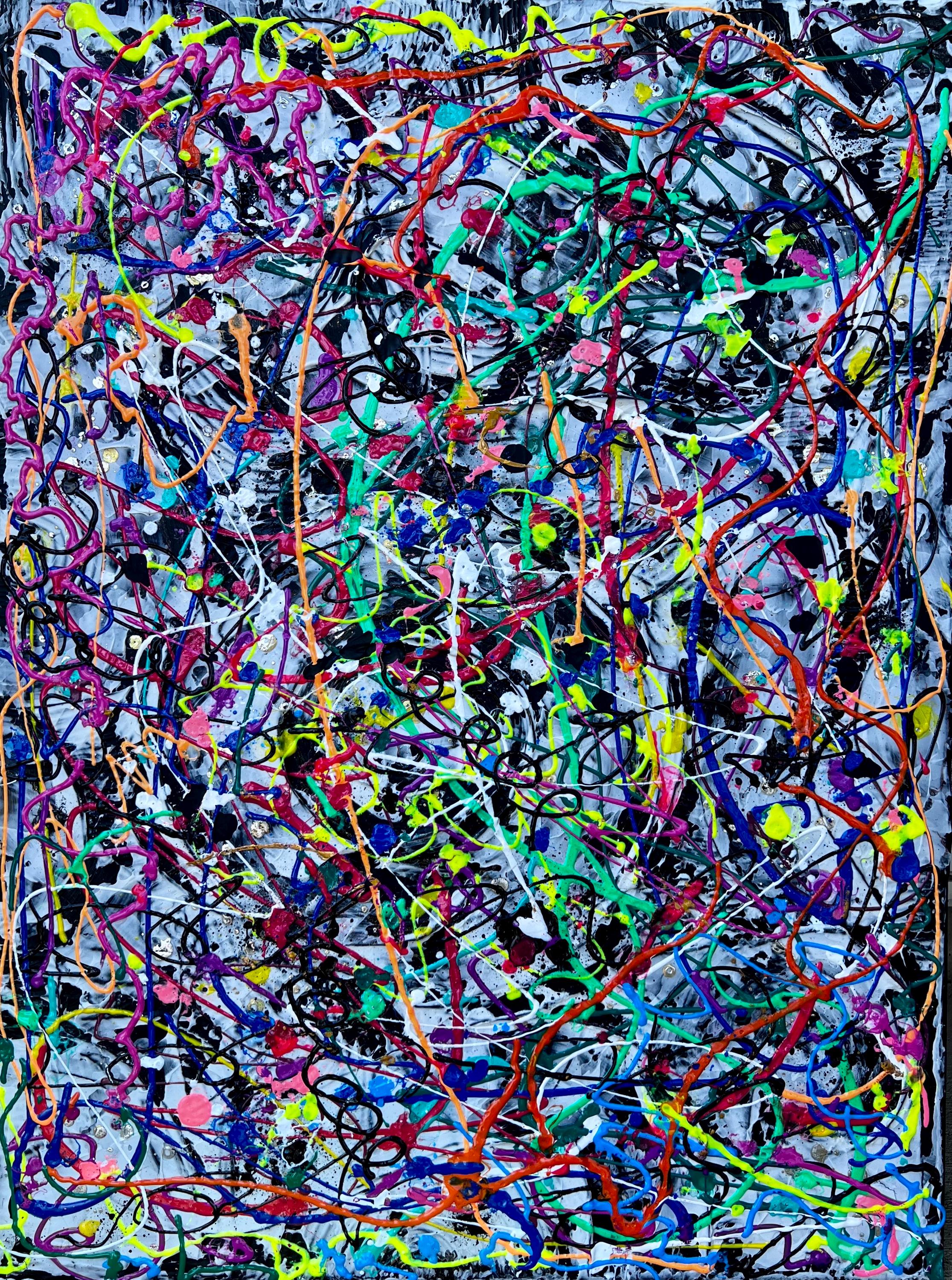Original Splatter Acrylic Painting, Layered Metallic Foil, 18x24"