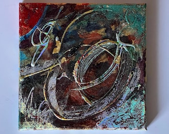 Multicolor Abstract Gold Leaf Art, Textured Dimensional Canvas Wall Art (8x8")