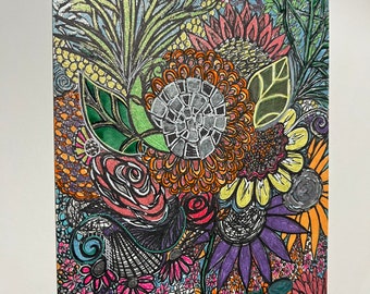 Papier à dessin fleurs originales, encre 8 x 6, stylos gel, acrylique, métallisés, couleurs mates brillantes, art mural joyeux et coloré, oeuvre d'art originale