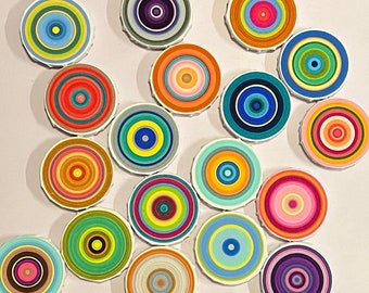 18 circle paintings on canvas,  Abstract multicolored eclectic design contemporary modern mid century modern art,  bullseye art, pop art