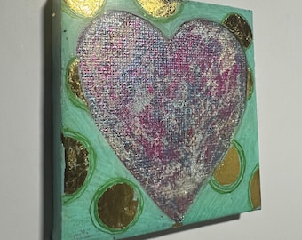 Heart painting 3x3 painting on canvas, acrylic, colorful shiny, glitter foil, poka dot handpainted gift Mom, friend, art miniature, birthday