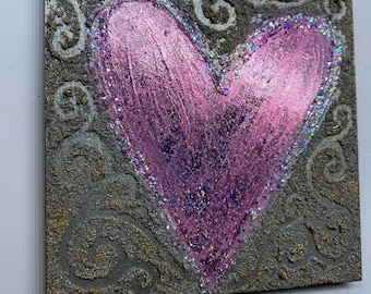 Textured Heart Painting on Wood, Iridescent Pink, Glitter Art