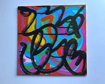 Abstract canvas panel art board 10x10 square, Modern bright vibrant glossy colors expressive pattern geometric abstract acrylic ink art