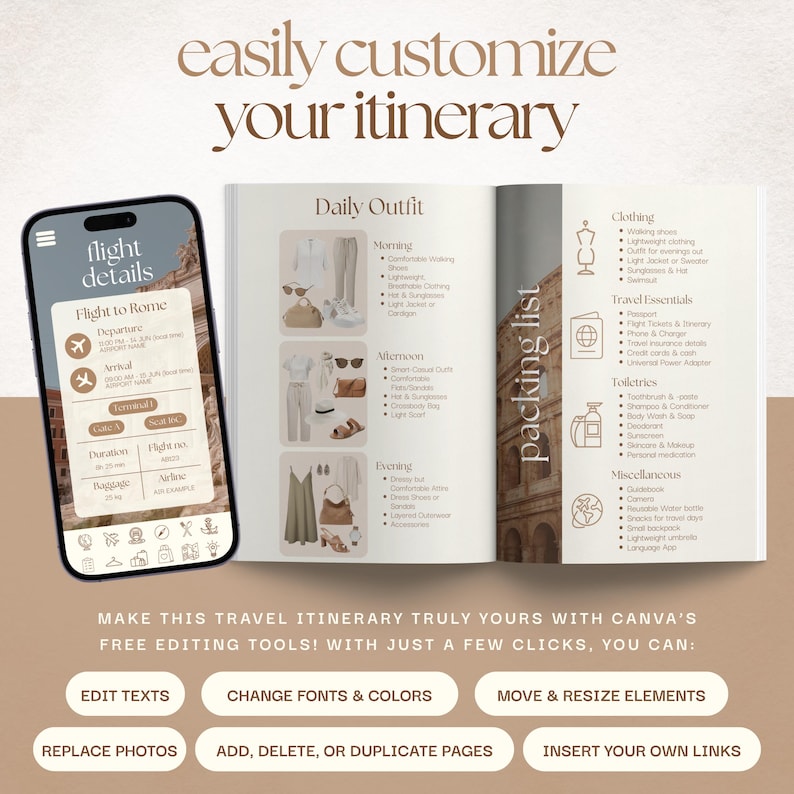 Travel Itinerary Template, Mobile Italy Travel Guide, Canva Trip Planner, Travel Agent Itinerary, Holiday Honeymoon Planner, Vacation Guide