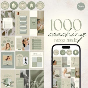 May include: A collage of images promoting a 1000 coaching mega bundle. The images feature green and white colour schemes with text that includes "1000 coaching mega bundle", "SMART goals", "Meet your coach", "New Podcast", "The power of goal", "Masterclass promotion", "Book your coaching session", "Blog", "Daily mantra", "Coaching resources", "100% off", and "Canva".