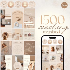 May include: A collage of social media graphics for a coaching business. The graphics feature a variety of colors and designs, including a wheel of life, a nervous system regulation graphic, and a give away graphic. The text "1500 coaching mega bundle" is displayed in large, bold letters.