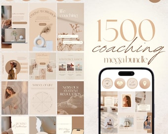 Puede incluir: Un collage de gráficos de redes sociales para un negocio de coaching. Los gráficos presentan una variedad de colores y diseños, incluyendo una rueda de la vida, un gráfico de regulación del sistema nervioso y un gráfico de regalo. El texto "1500 coaching mega bundle" se muestra en letras grandes y negritas.