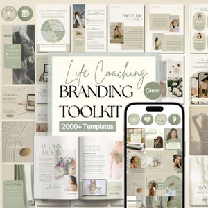 Op de afbeelding: Een digitale marketingtoolkit met een neutraal kleurenpalet, met sjablonen voor life coaching branding. Het ontwerp omvat berichten op sociale media, werkboeken en ander marketingmateriaal. De tekst bevat "Life Coaching Branding Toolkit" en "2000+ Templates".