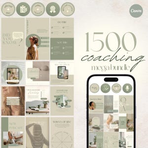 Peut inclure: Un collage d'images faisant la promotion d'un méga pack de coaching avec 1 500 modèles. Les images présentent une variété de thèmes liés au coaching, notamment des cours en ligne, des événements spéciaux, la motivation quotidienne et une roue de la vie. Les images sont dans un style minimaliste avec une palette de couleurs verte et beige.