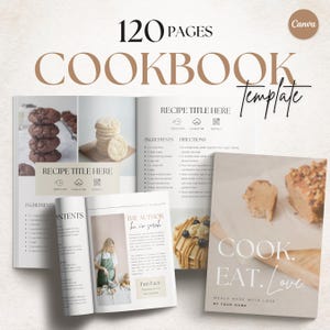 Könnte beinhalten: Eine Kochbuchvorlage mit 120 Seiten, die Rezeptseiten mit Zutaten und Anweisungen enthält. Das Cover zeigt den Text "COOK. EAT. LOVE" und "MEALS MADE WITH LOVE". Im Inneren befinden sich Bilder von Keksen und Backwaren.