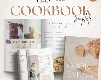 May include: A cookbook template with 120 pages, featuring recipe pages with ingredients and directions. The cover displays the text "COOK. EAT. LOVE" and "MEALS MADE WITH LOVE". Inside, there are images of cookies and baked goods.