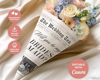 Newspaper Bridesmaid Proposal: Printable Flower Bouquet Template, Maid of Honor Proposal (Canva)