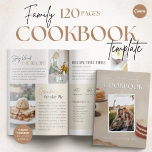 Può includere: Un modello di libro di cucina con una copertina beige e il titolo "Family Cookbook". Le pagine aperte mostrano esempi di ricette, foto e il testo "120 Pagine". Include formati US Letter e DIN A4. La copertina presenta una foto di famiglia.