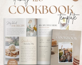 May include: A cookbook template with a beige cover and the title "Family Cookbook." The open pages display recipe examples, photos, and the text "120 Pages." Includes US Letter and DIN A4 sizes. The cover features a family photo.