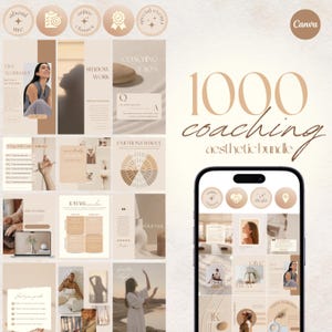 Può includere: Pacchetto estetico di modelli di design grafico nei toni beige e marrone. L'immagine include il testo "1000 coaching aesthetic bundle" e vari layout di post sui social media con le parole "about me", "online classes" e "live workshop".