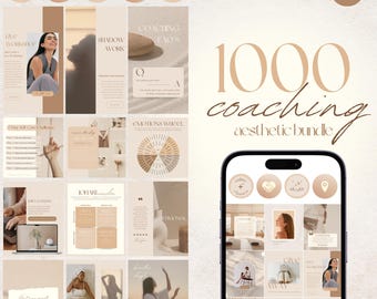 May include: Aesthetic bundle graphic design templates in beige and brown tones. The image includes the text "1000 coaching aesthetic bundle" and various social media post layouts with the words "about me", "online classes", and "live workshop".