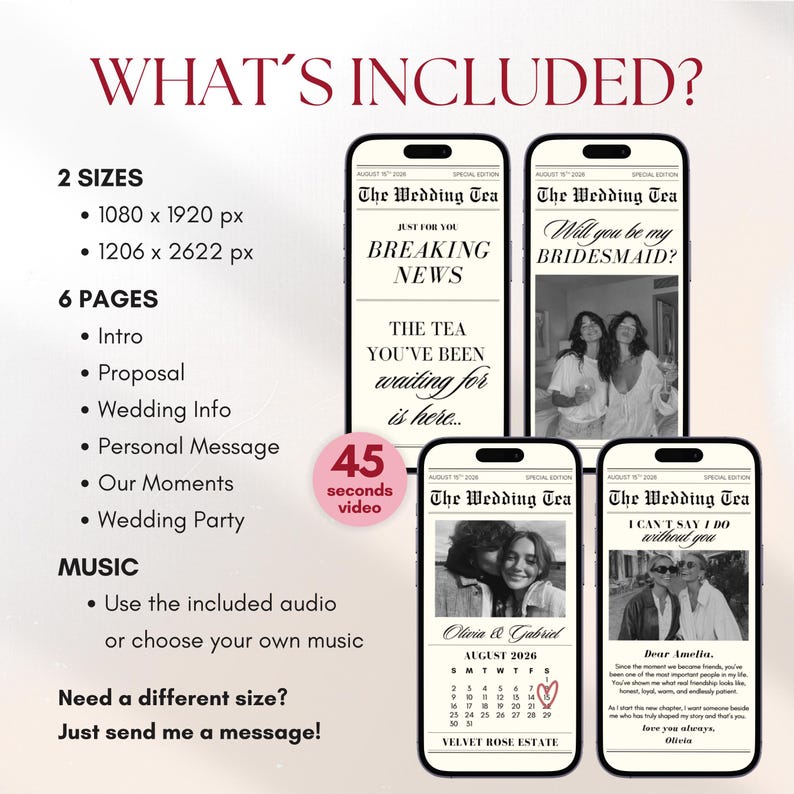 Bridesmaid Newspaper Video Proposal: Personalized Video Invitation Template, Maid of Honor Invite (Canva)