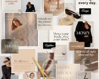 May include: A collage featuring inspirational quotes and images. The words "change is scary" and "Stronger every day" are visible. Other images include a disco ball, gold scissors, and the word "Resilience".