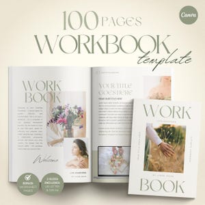 Puede incluir: Una plantilla de cuaderno de trabajo con el texto "WORKBOOK template" y "100 PAGES". Las páginas incluyen el texto "WORK BOOK", "YOUR TITLE GOES HERE" y "LIFE COACHING". El cuaderno de trabajo está abierto para mostrar las páginas.