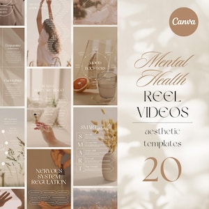May include: A set of 20 aesthetic templates for mental health reel videos. The templates feature a neutral color palette with beige, brown, and white. The text "Mental Health Reel Videos" is written in a cursive font. The text "aesthetic templates" is written in a sans-serif font. The number "20" is written in a large, bold font.