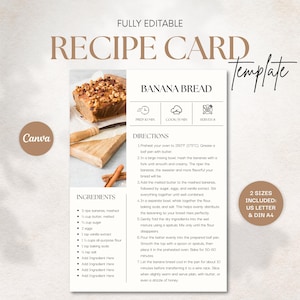 Puede incluir: Plantilla de tarjeta de receta totalmente editable para pan de plátano. El diseño presenta una foto de un pan de plátano, ingredientes e instrucciones. Incluye dos tamaños: US Letter y DIN A4. El logotipo de Canva es visible.