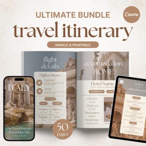 May include: A digital travel itinerary bundle with the text "ULTIMATE BUNDLE travel itinerary" and "MOBILE & PRINTABLE". The bundle includes a phone and tablet displaying itinerary details, and a 50-page booklet. The phone shows "ITALY" and "To La Dolce Vita".