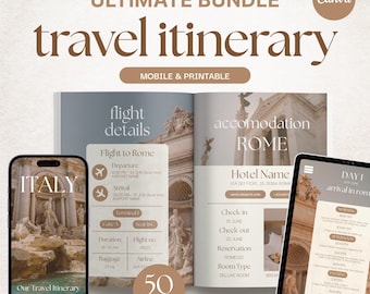 Puede incluir: Un paquete digital de itinerario de viaje con el texto "ULTIMATE BUNDLE travel itinerary" y "MOBILE & PRINTABLE". El paquete incluye un teléfono y una tableta que muestran los detalles del itinerario, y un folleto de 50 páginas. El teléfono muestra "ITALY" y "To La Dolce Vita".