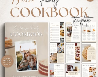 May include: A beige family cookbook template with the text "Family Cookbook Template" and "The Johnson Family Cookbook". The cover features a family photo and the text "Recipes Made With Love". Includes 75 pages and two sizes.