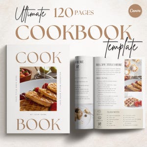 Può includere: Un modello di libro di cucina con una copertina bianca con la parola "COOK" e una foto di waffle e fragole. Il libro aperto mostra pagine di ricette con il testo "RECIPE TITLE HERE" e "INGREDIENTS". Il modello è etichettato "Ultimate 120 PAGES".